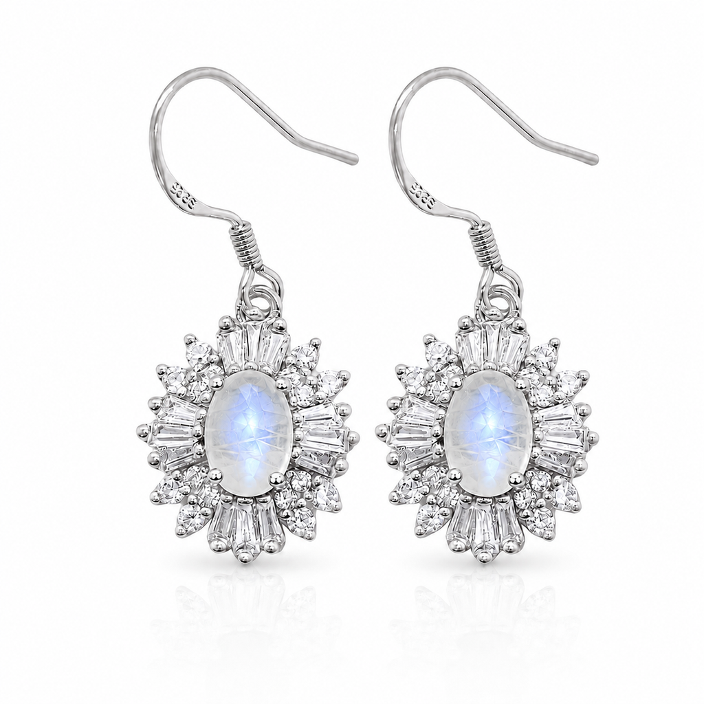 Natural Blue Moonstone Dangle Earrings in 925 Sterling Silver with 4x6mm Genuine Blue Moonstone and Cubic Zirconia Floral Halo