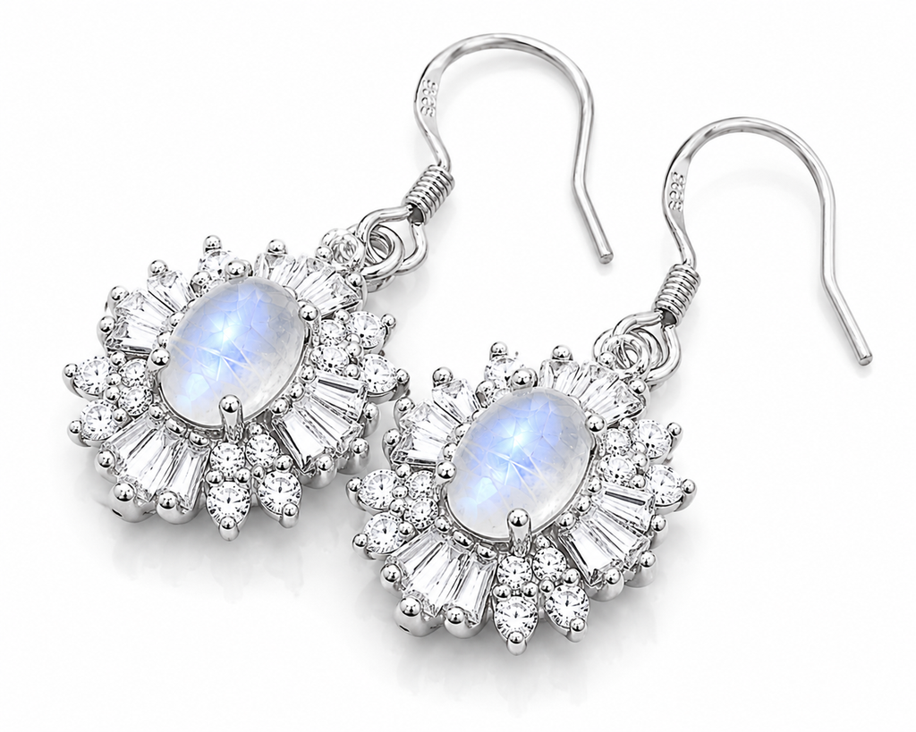 Natural Blue Moonstone Dangle Earrings in 925 Sterling Silver with 4x6mm Genuine Blue Moonstone and Cubic Zirconia Floral Halo