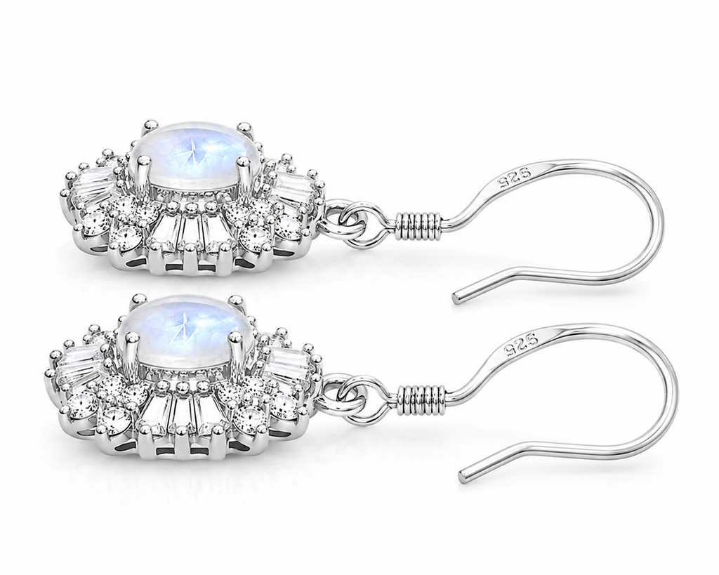 Natural Blue Moonstone Dangle Earrings in 925 Sterling Silver with 4x6mm Genuine Blue Moonstone and Cubic Zirconia Floral Halo