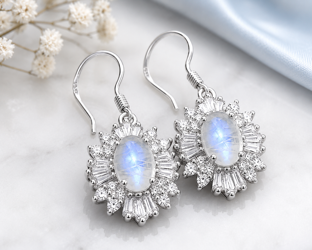 Natural Blue Moonstone Dangle Earrings in 925 Sterling Silver with 4x6mm Genuine Blue Moonstone and Cubic Zirconia Floral Halo
