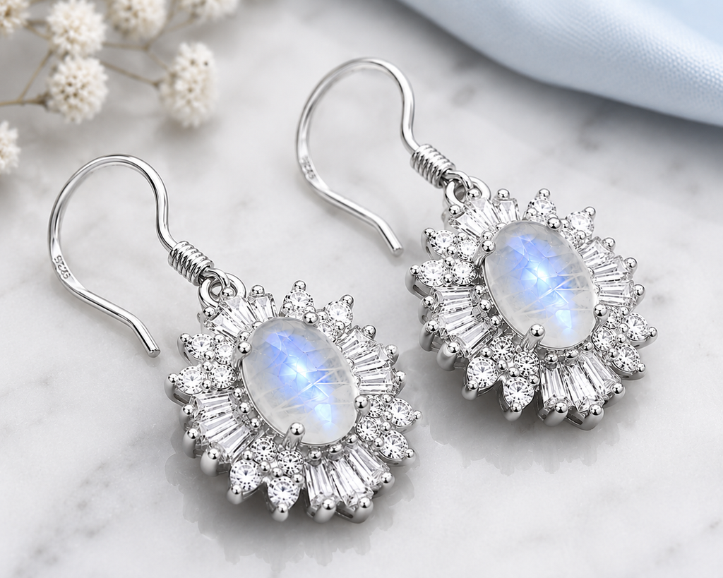 Natural Blue Moonstone Dangle Earrings in 925 Sterling Silver with 4x6mm Genuine Blue Moonstone and Cubic Zirconia Floral Halo