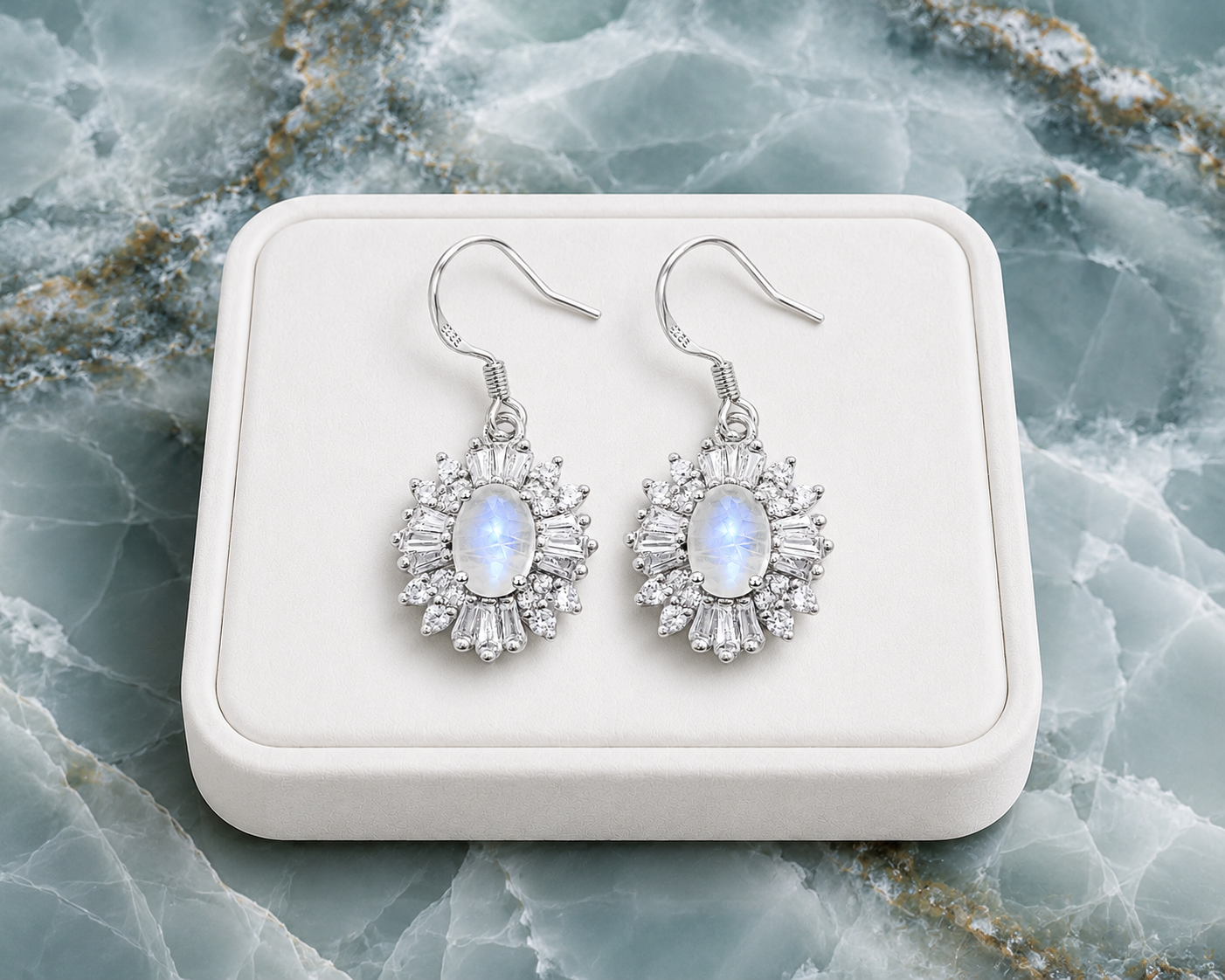 Natural Blue Moonstone Dangle Earrings in 925 Sterling Silver with 4x6mm Genuine Blue Moonstone and Cubic Zirconia Floral Halo