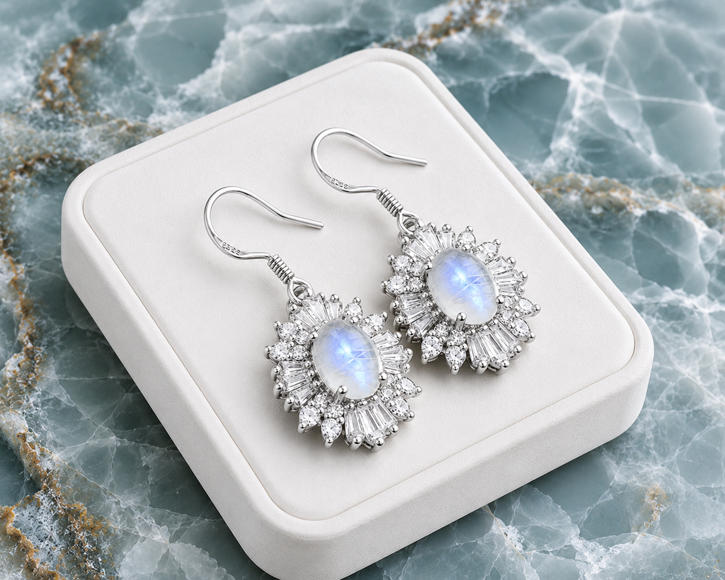 Natural Blue Moonstone Dangle Earrings in 925 Sterling Silver with 4x6mm Genuine Blue Moonstone and Cubic Zirconia Floral Halo