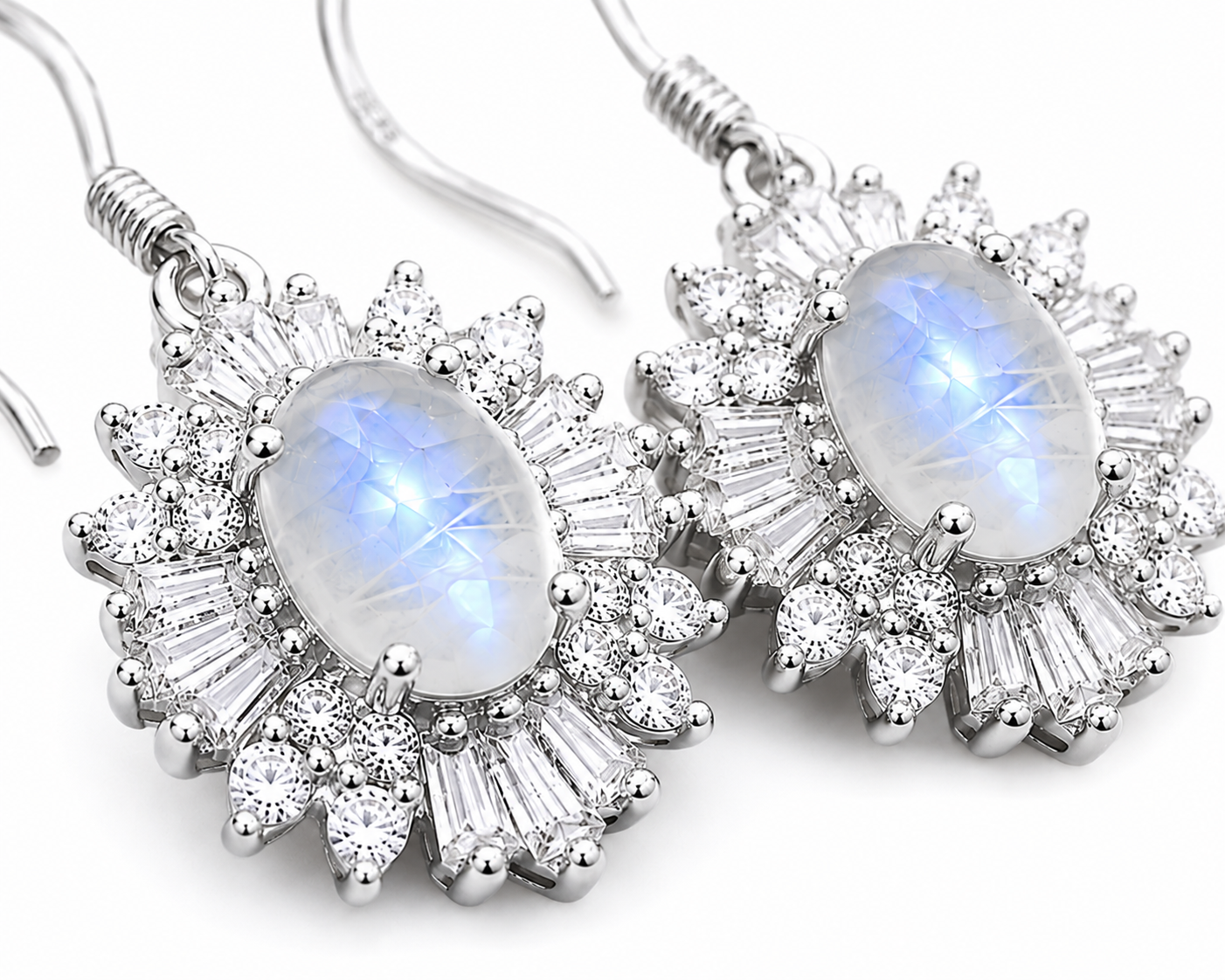 Natural Blue Moonstone Dangle Earrings – 4x6mm Genuine Blue Moonstone | 925 Sterling Silver | Floral Halo Earrings