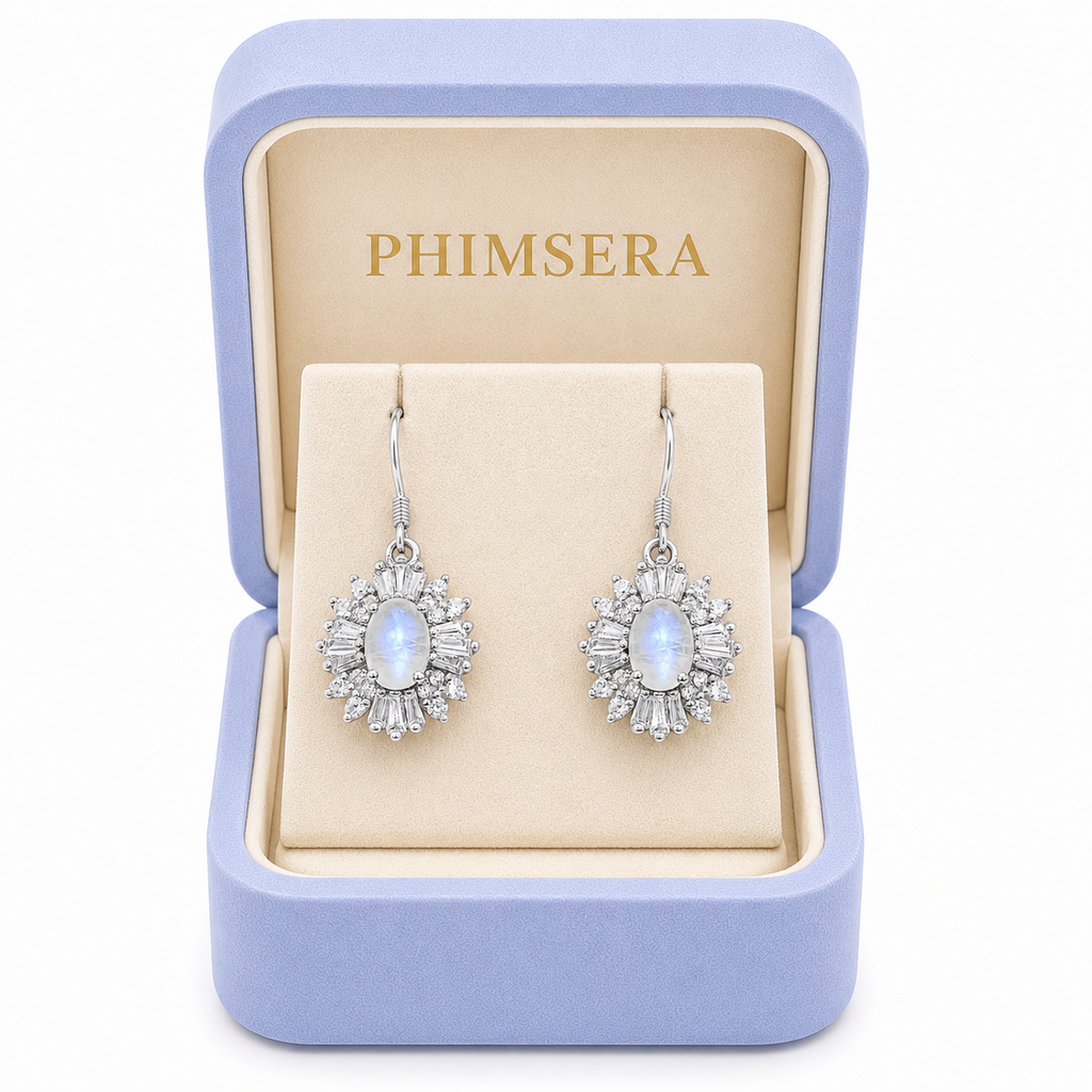 Natural Blue Moonstone Dangle Earrings in 925 Sterling Silver with 4x6mm Genuine Blue Moonstone and Cubic Zirconia Floral Halo