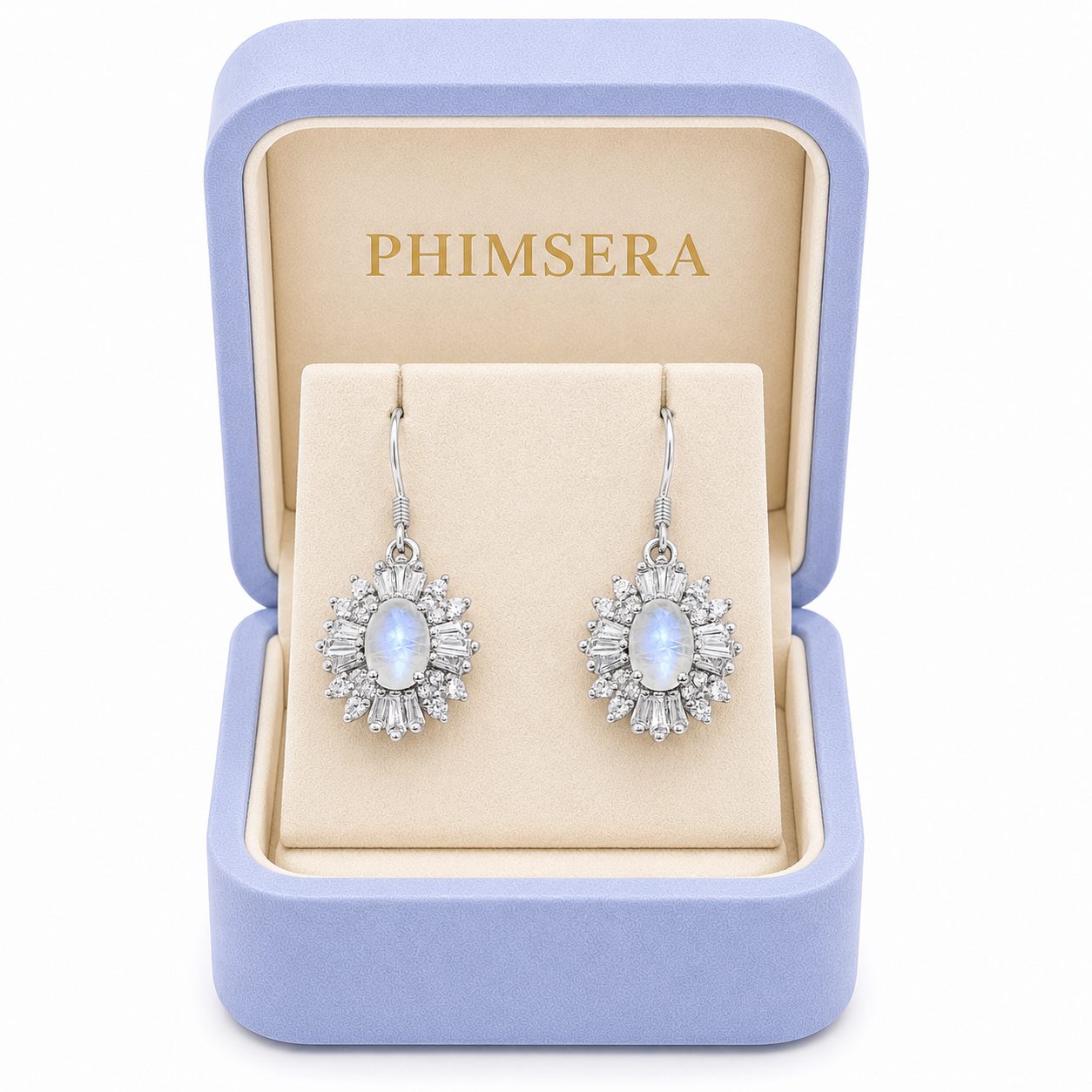 Natural Blue Moonstone Dangle Earrings in 925 Sterling Silver with 4x6mm Genuine Blue Moonstone and Cubic Zirconia Floral Halo