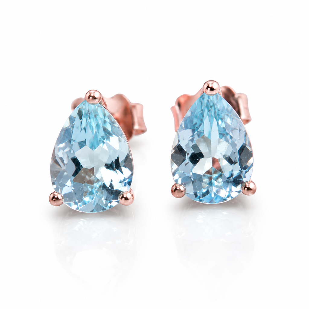 Natural Aquamarine Pear Cut Stud Earrings 6x8mm in 925 Sterling Silver | Genuine Blue Aquamarine Jewelry by Phimsera