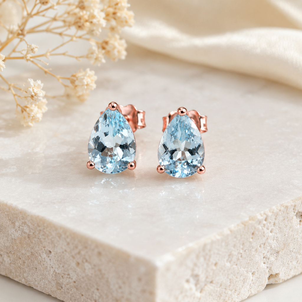 Natural Aquamarine Pear Cut Stud Earrings 6x8mm in 925 Sterling Silver | Genuine Blue Aquamarine Jewelry by Phimsera