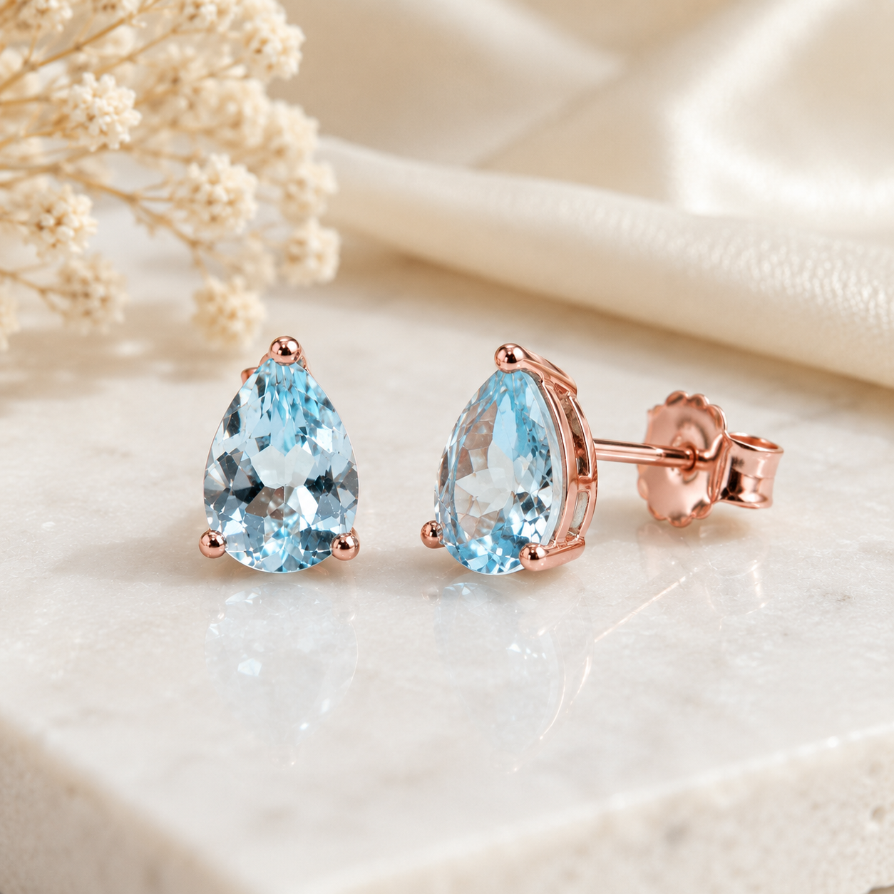 Natural Aquamarine Pear Cut Stud Earrings 6x8mm in 925 Sterling Silver | Genuine Blue Aquamarine Jewelry by Phimsera