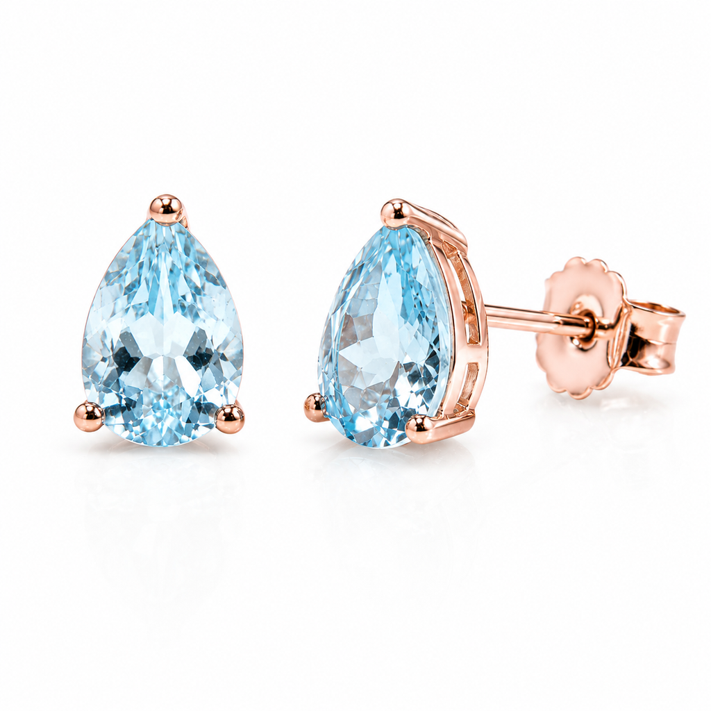 Natural Aquamarine Pear Cut Stud Earrings 6x8mm in 925 Sterling Silver | Genuine Blue Aquamarine Jewelry by Phimsera