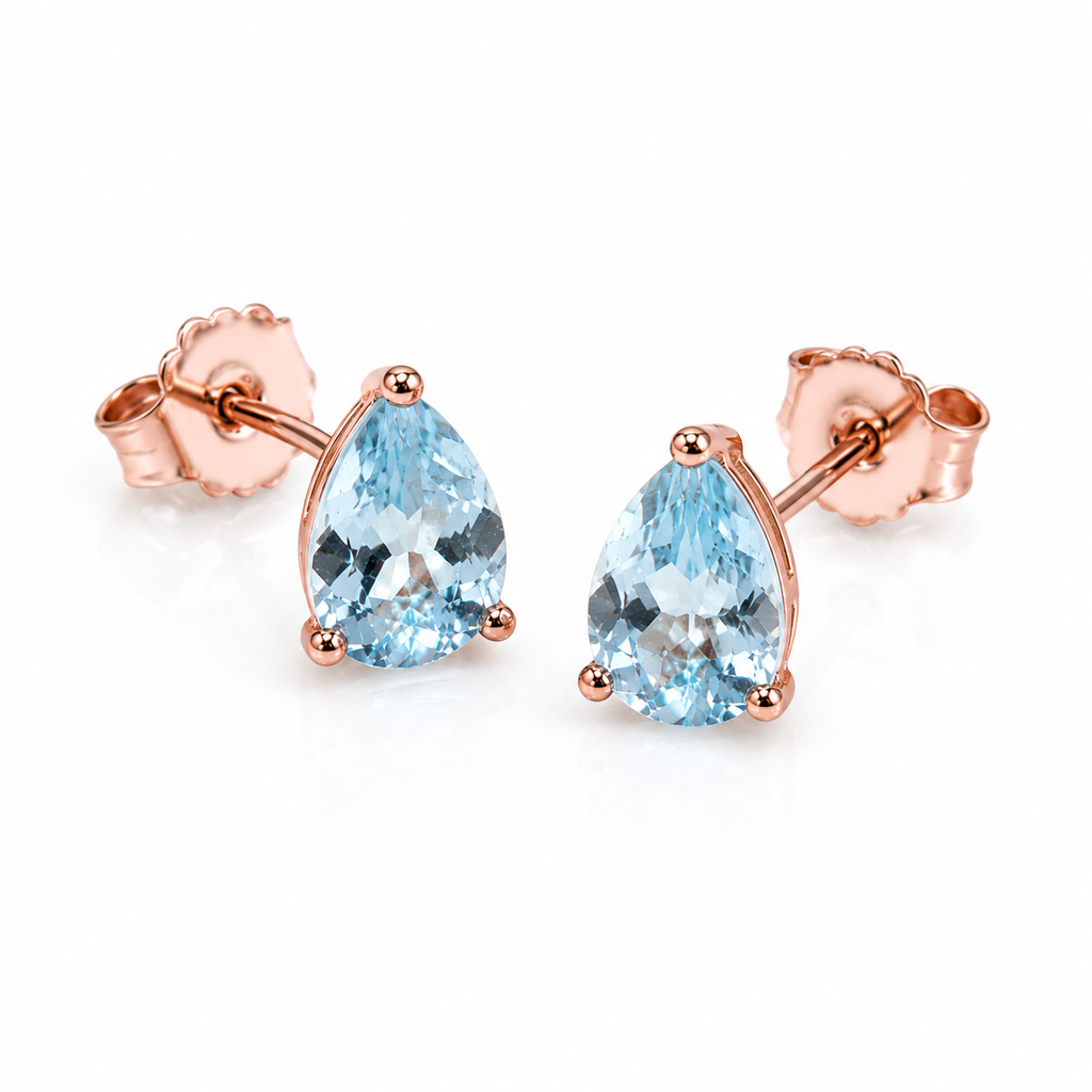 Natural Aquamarine Pear Cut Stud Earrings 6x8mm in 925 Sterling Silver | Genuine Blue Aquamarine Jewelry by Phimsera