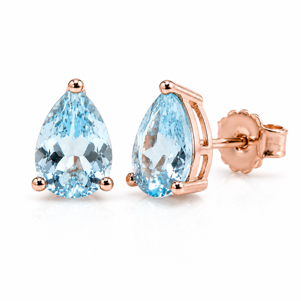Natural Aquamarine Pear Cut Stud Earrings 6x8mm in 925 Sterling Silver | Genuine Blue Aquamarine Jewelry by Phimsera