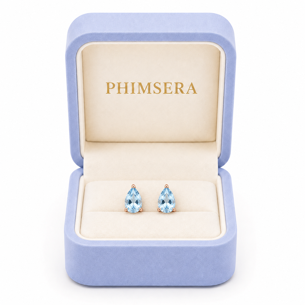 Natural Aquamarine Pear Cut Stud Earrings 6x8mm in 925 Sterling Silver | Genuine Blue Aquamarine Jewelry by Phimsera