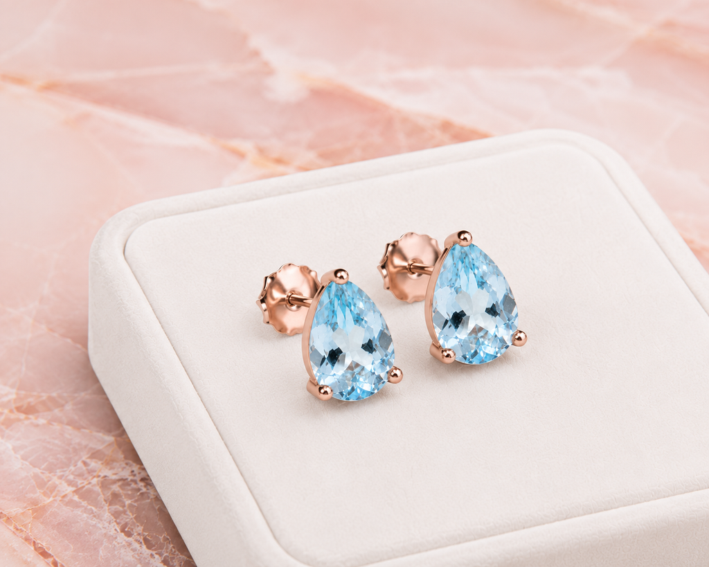 Natural Aquamarine Pear Cut Stud Earrings – 6x8mm Genuine Aquamarine in 925 Sterling Silver