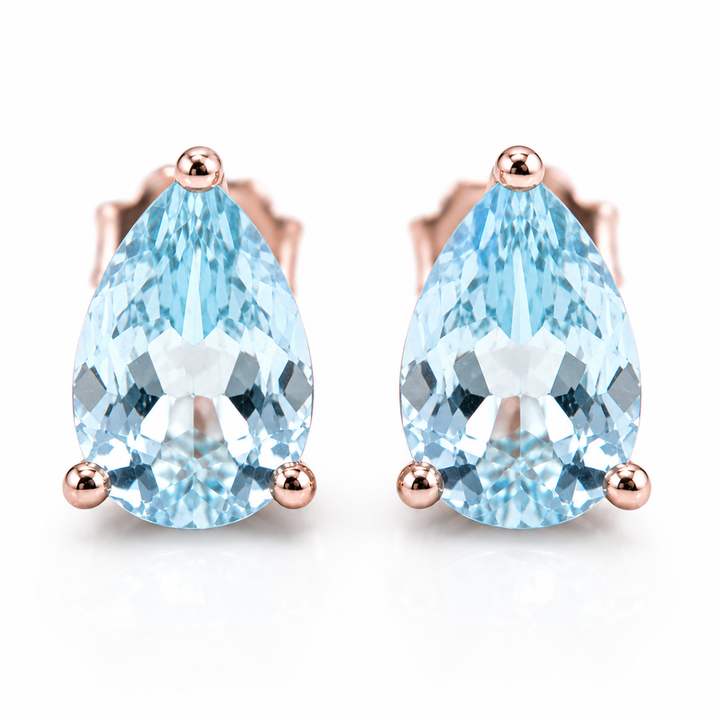 Natural Aquamarine Pear Cut Stud Earrings – 6x8mm Genuine Aquamarine in 925 Sterling Silver