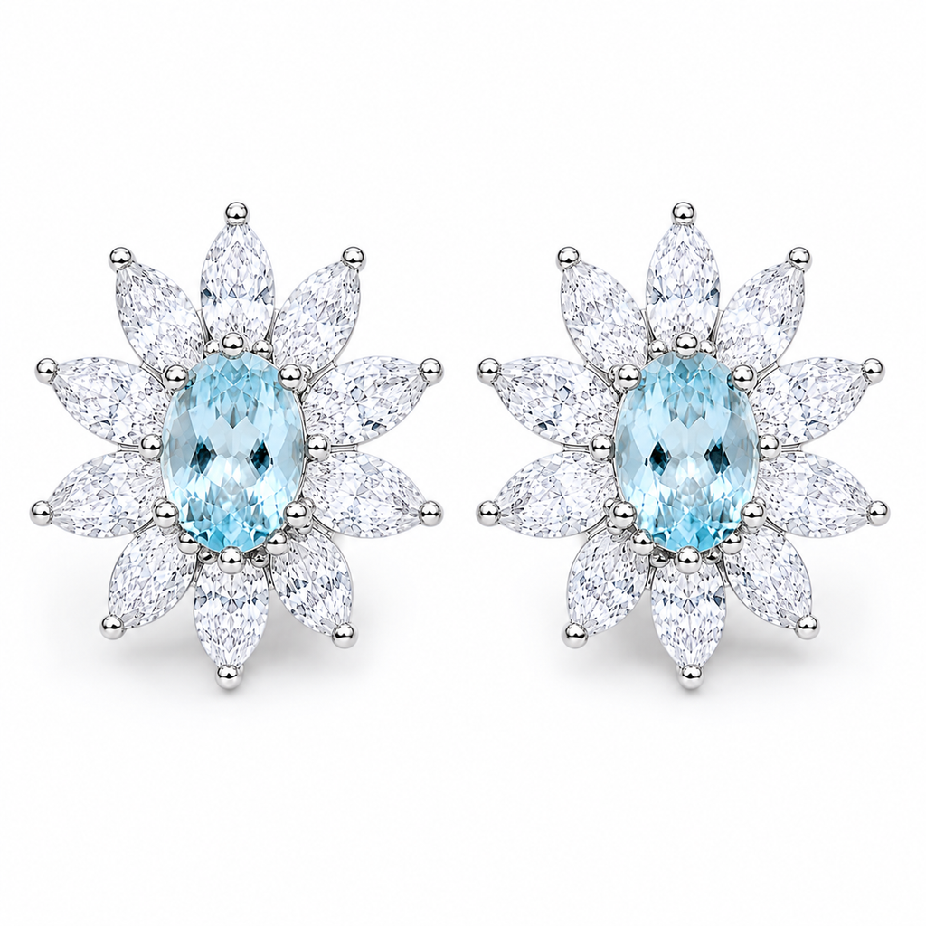 Natural Aquamarine Flower Stud Earrings – 4x6mm Genuine Oval Aquamarine in 925 Sterling Silver