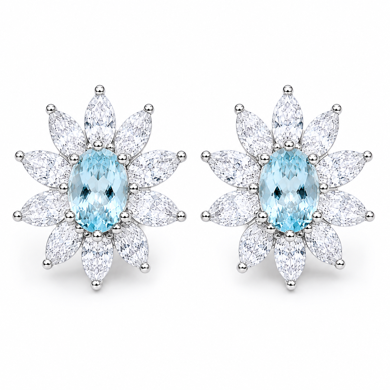Natural Aquamarine Flower Stud Earrings – 4x6mm Genuine Oval Aquamarine in 925 Sterling Silver