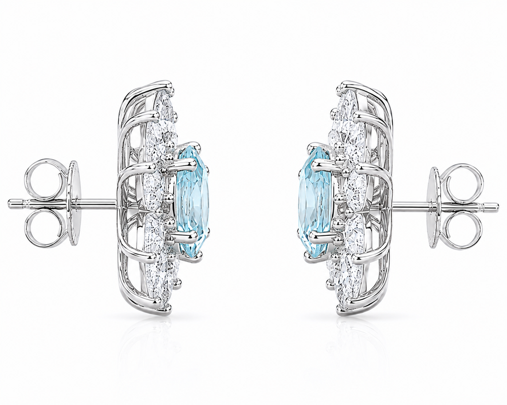 Natural Aquamarine Flower Stud Earrings – 4x6mm Genuine Oval Aquamarine in 925 Sterling Silver