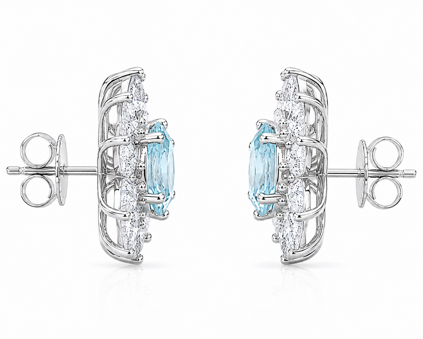 Natural Aquamarine Flower Stud Earrings – 4x6mm Genuine Oval Aquamarine in 925 Sterling Silver