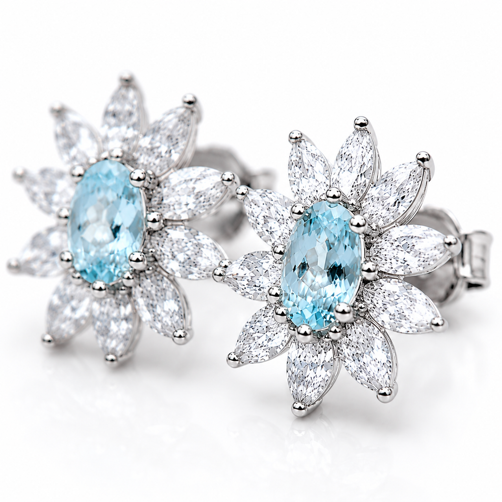 Natural Aquamarine Flower Stud Earrings – 4x6mm Genuine Oval Aquamarine in 925 Sterling Silver