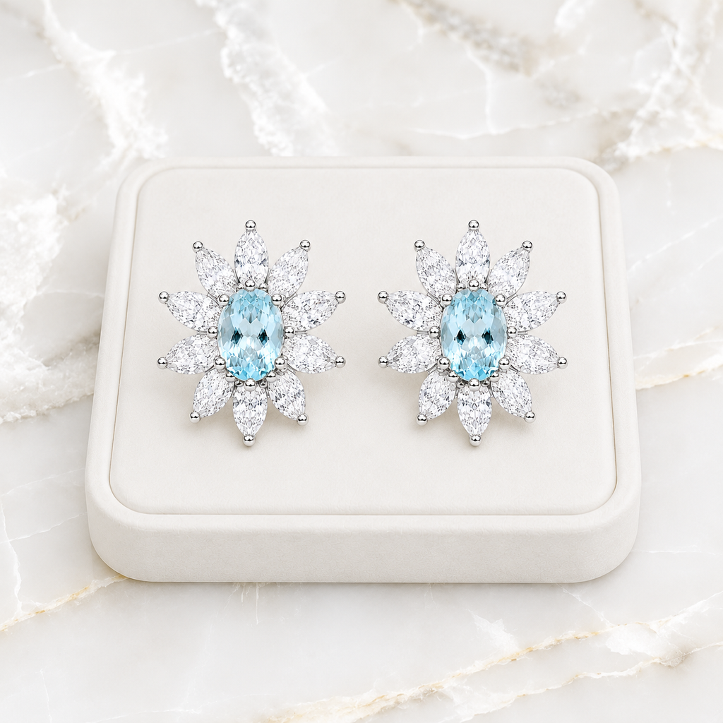 Natural Aquamarine Flower Stud Earrings – 4x6mm Genuine Oval Aquamarine in 925 Sterling Silver