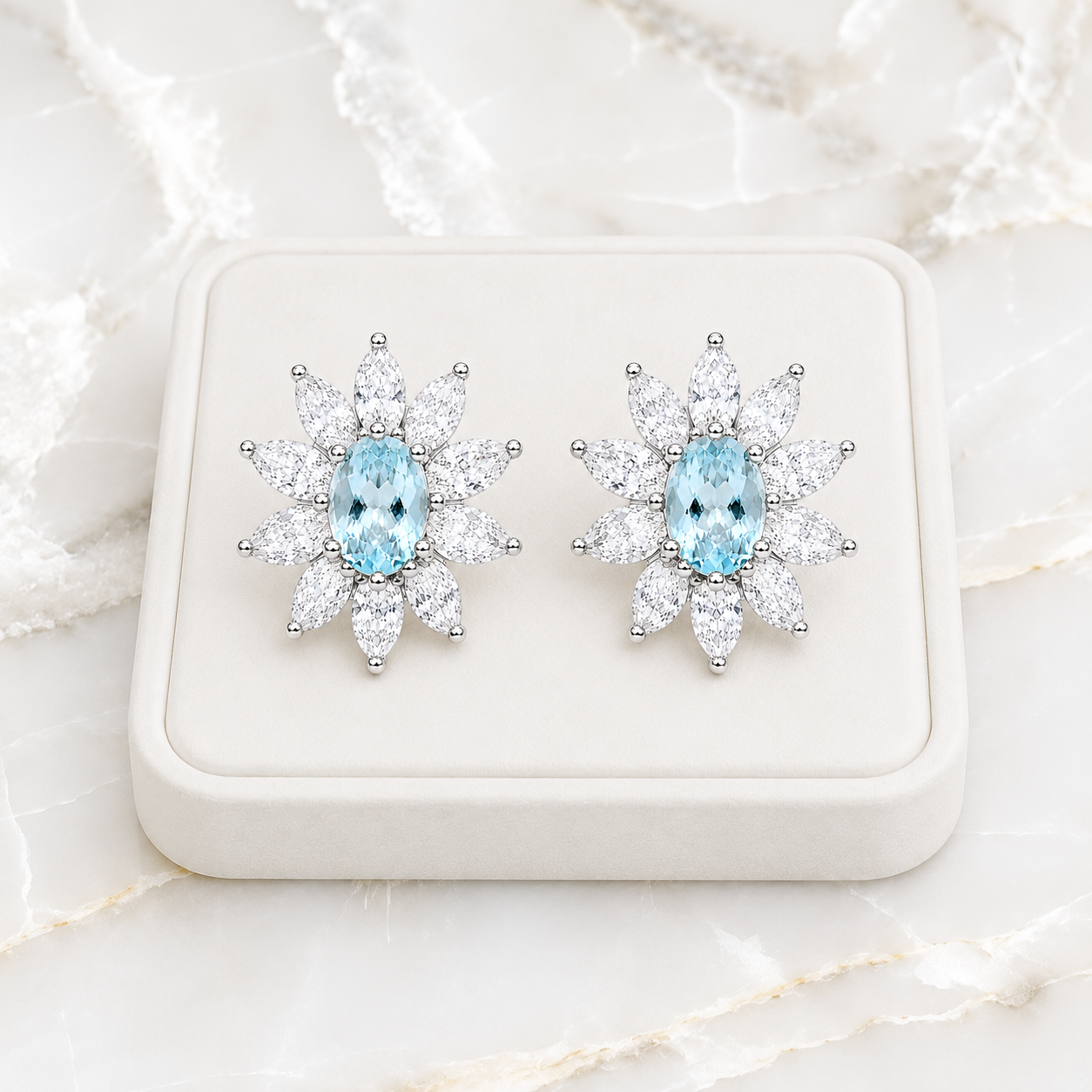 Natural Aquamarine Flower Stud Earrings – 4x6mm Genuine Oval Aquamarine in 925 Sterling Silver