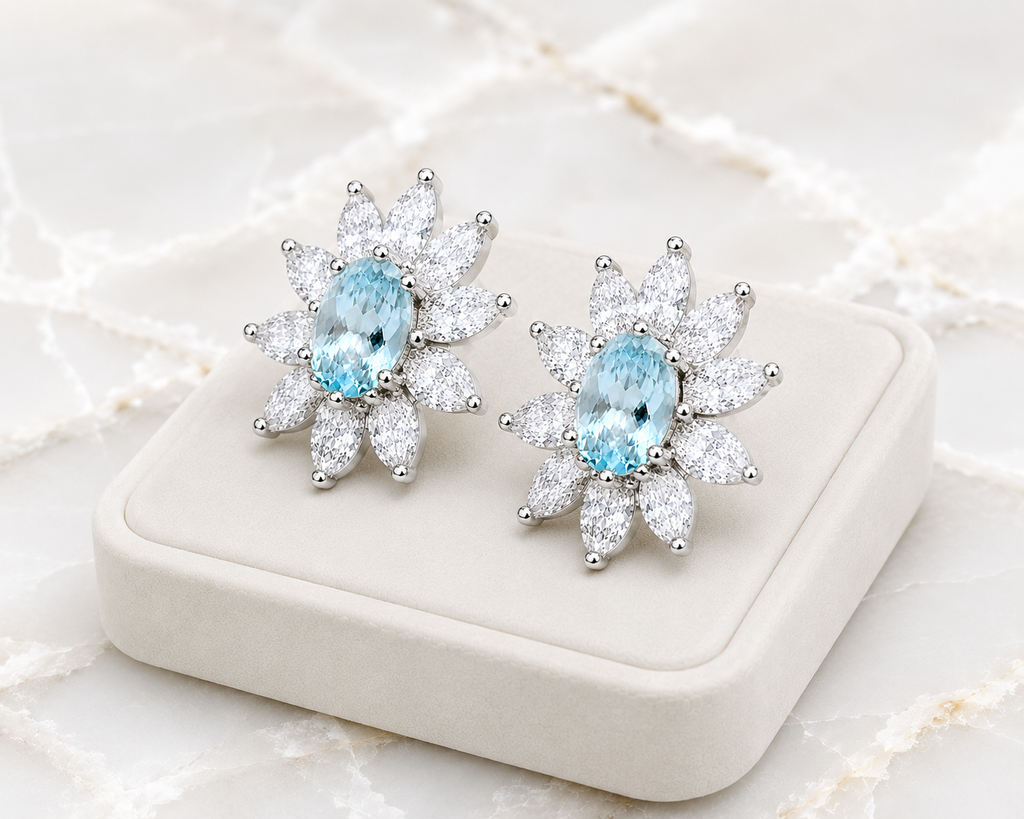 Natural Aquamarine Flower Stud Earrings – 4x6mm Genuine Oval Aquamarine in 925 Sterling Silver