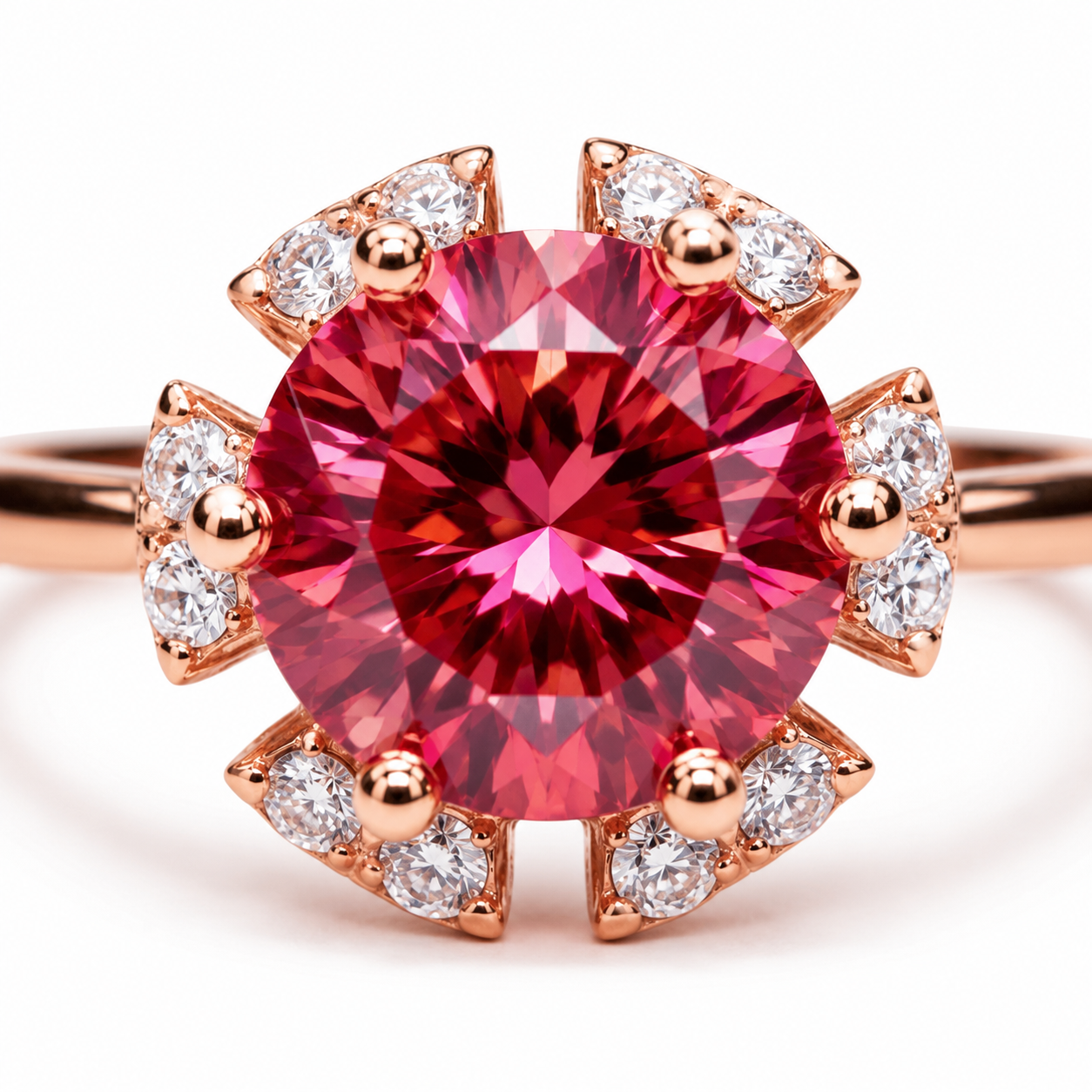2 Carat Watermelon Red Moissanite Flower Ring – 8mm Round Halo Rose Gold Sterling Silver