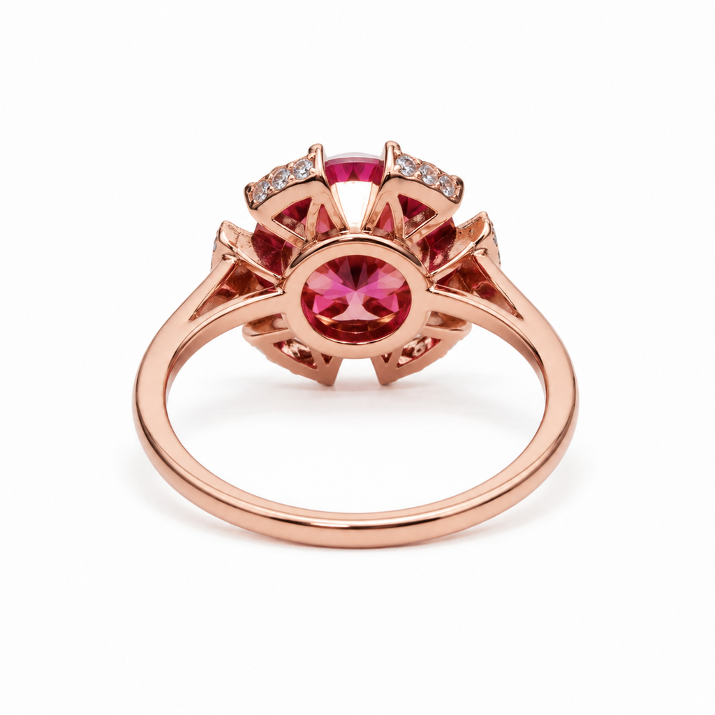 2 Carat Watermelon Red Moissanite Flower Ring – 8mm Round Halo Rose Gold Sterling Silver