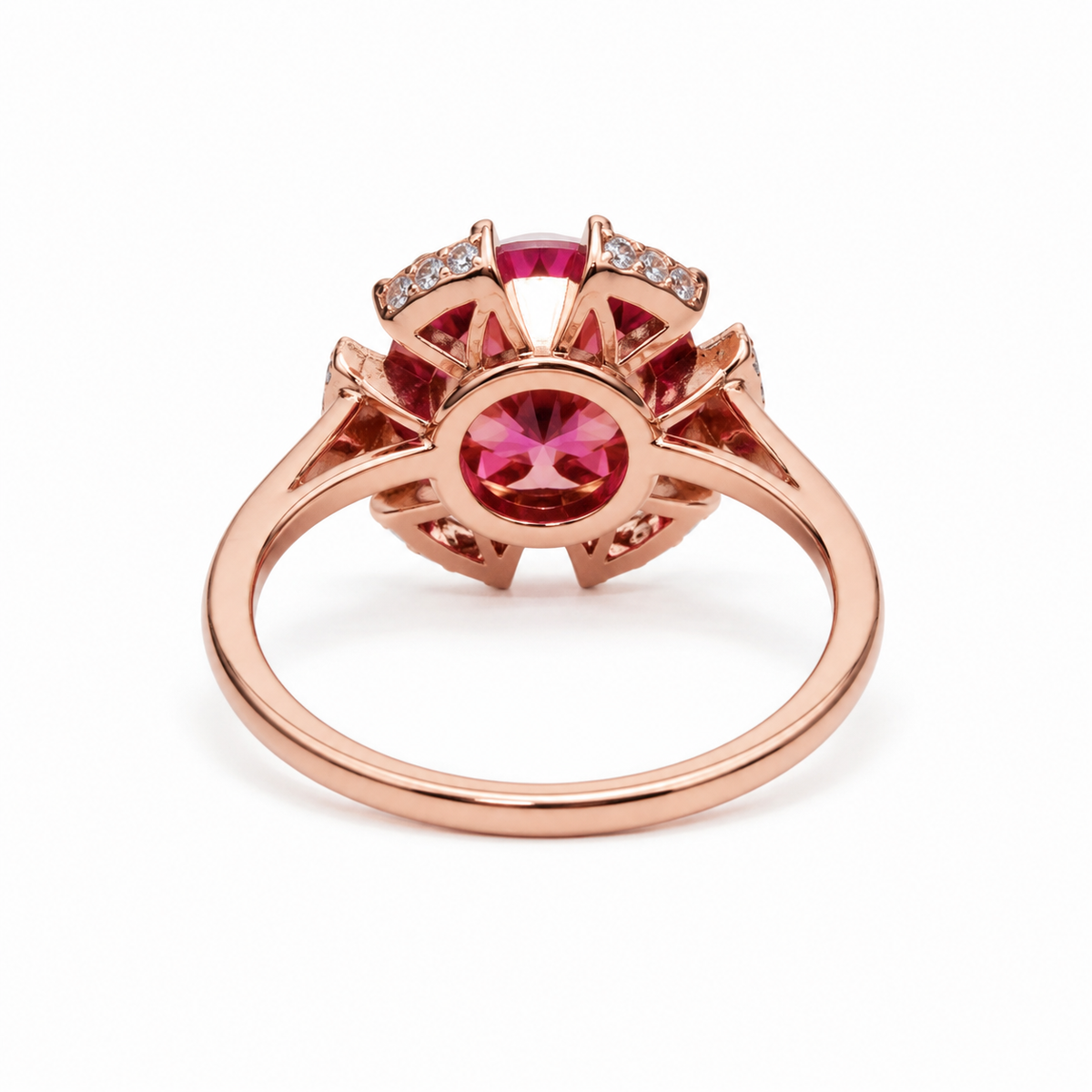 2 Carat Watermelon Red Moissanite Flower Ring – 8mm Round Halo Rose Gold Sterling Silver