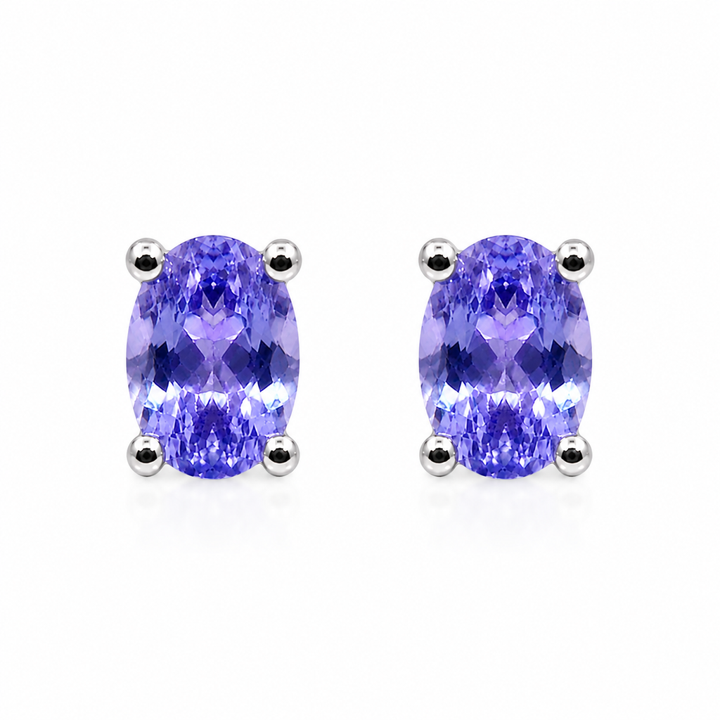 Natural Purple Tanzanite Halo Stud Earrings featuring 4x6mm oval genuine tanzanite gemstones in 925 sterling silver with sparkling cubic zirconia by Phimsera.