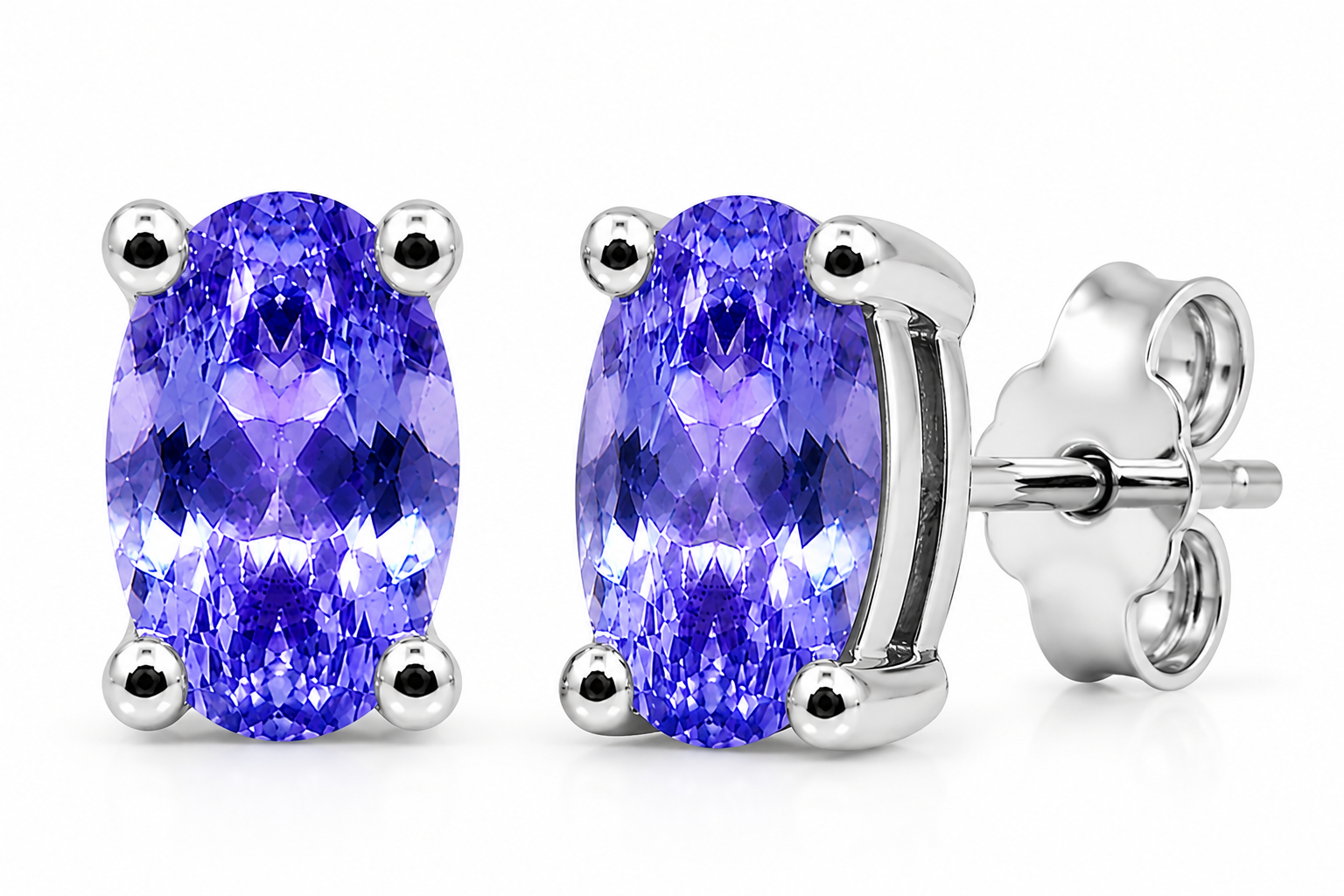 Natural Purple Tanzanite Halo Stud Earrings featuring 4x6mm oval genuine tanzanite gemstones in 925 sterling silver with sparkling cubic zirconia by Phimsera.