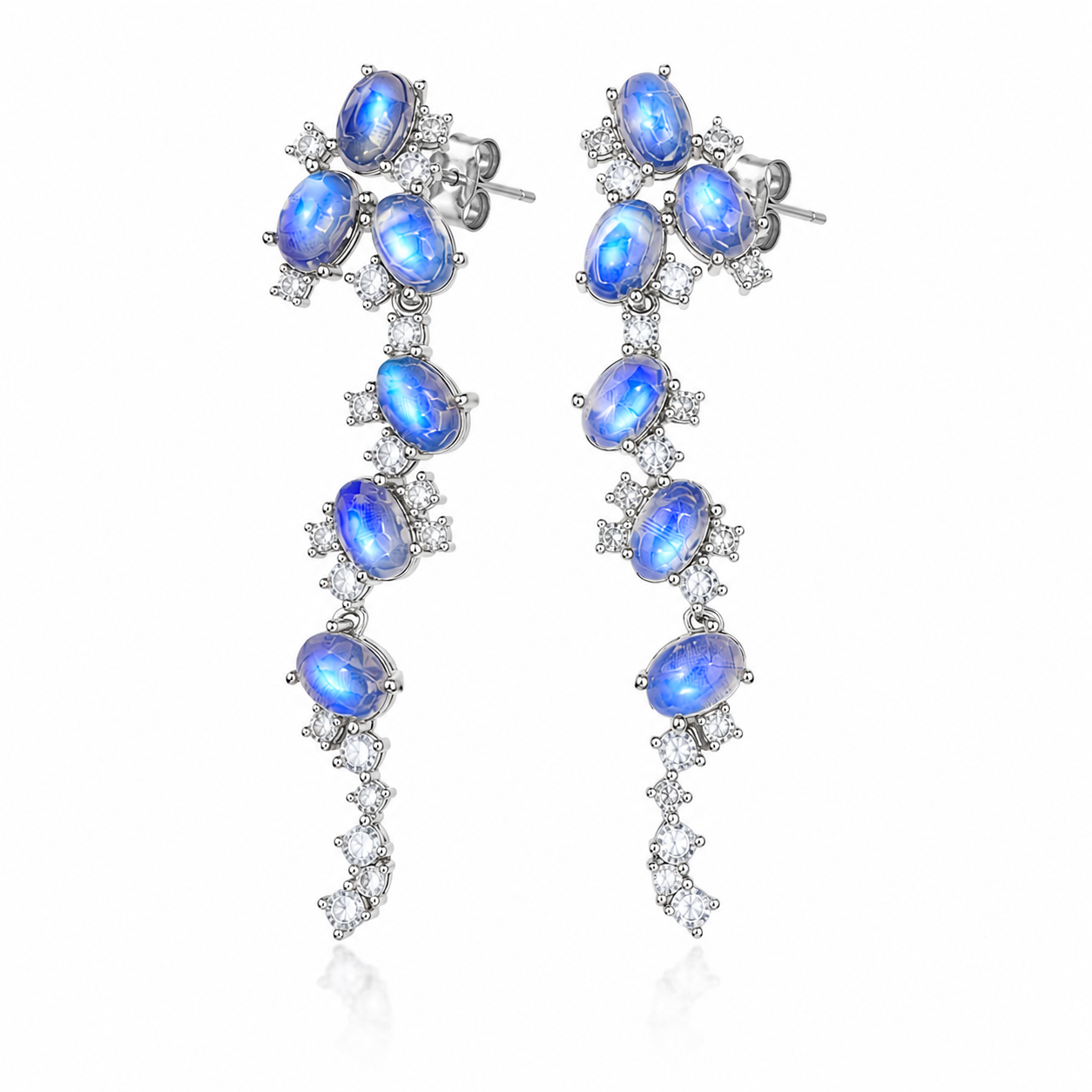 Natural Blue Moonstone stud earrings featuring genuine 4x6mm oval moonstones surrounded by high quality cubic zirconia in 925 sterling silver.