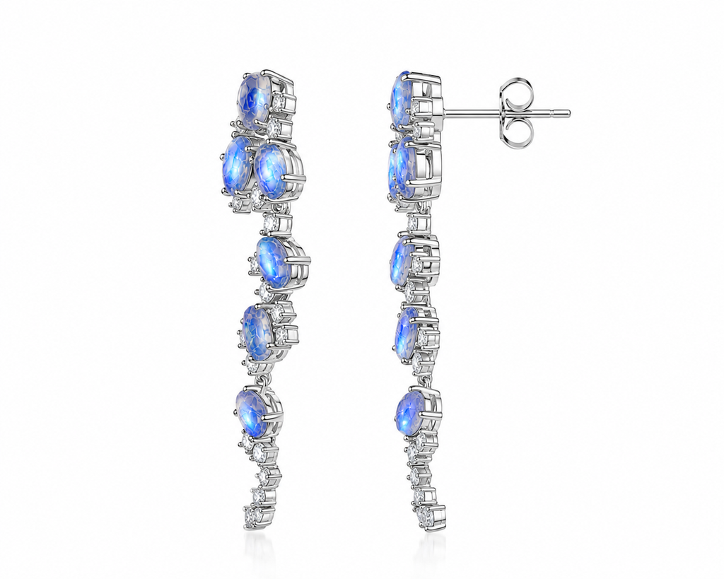 Natural Blue Moonstone stud earrings featuring genuine 4x6mm oval moonstones surrounded by high quality cubic zirconia in 925 sterling silver.