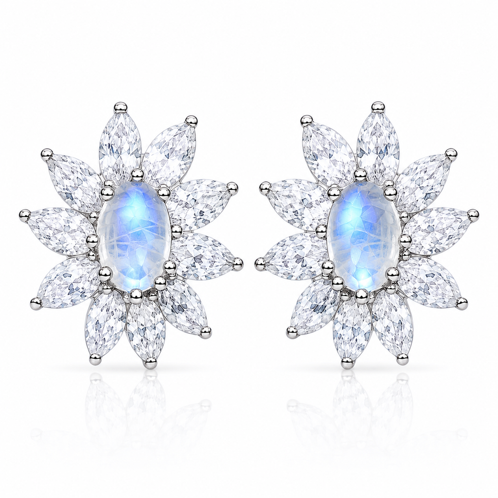 Natural Blue Moonstone stud earrings in 925 sterling silver with cubic zirconia accents.
