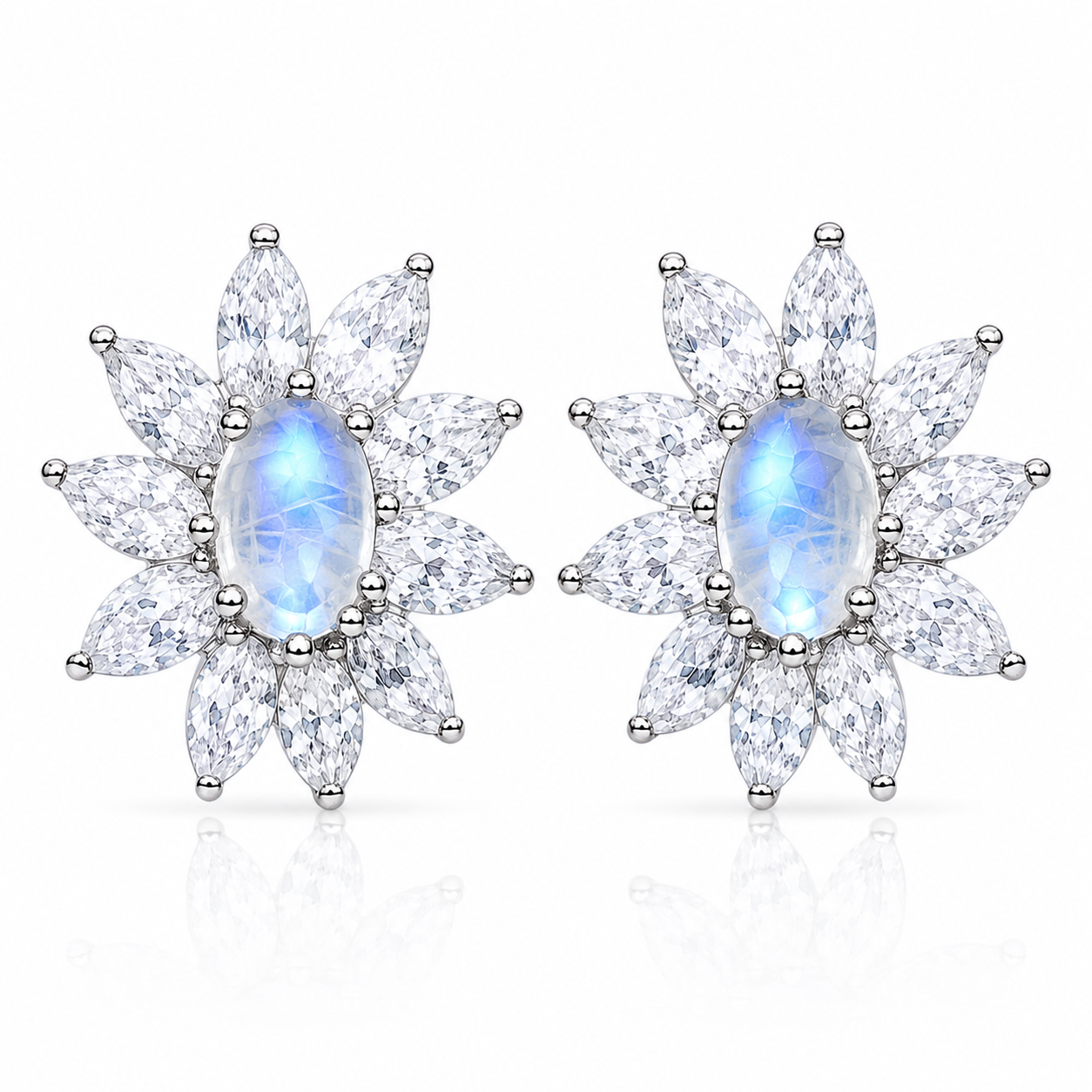 Natural Blue Moonstone stud earrings in 925 sterling silver with cubic zirconia accents.