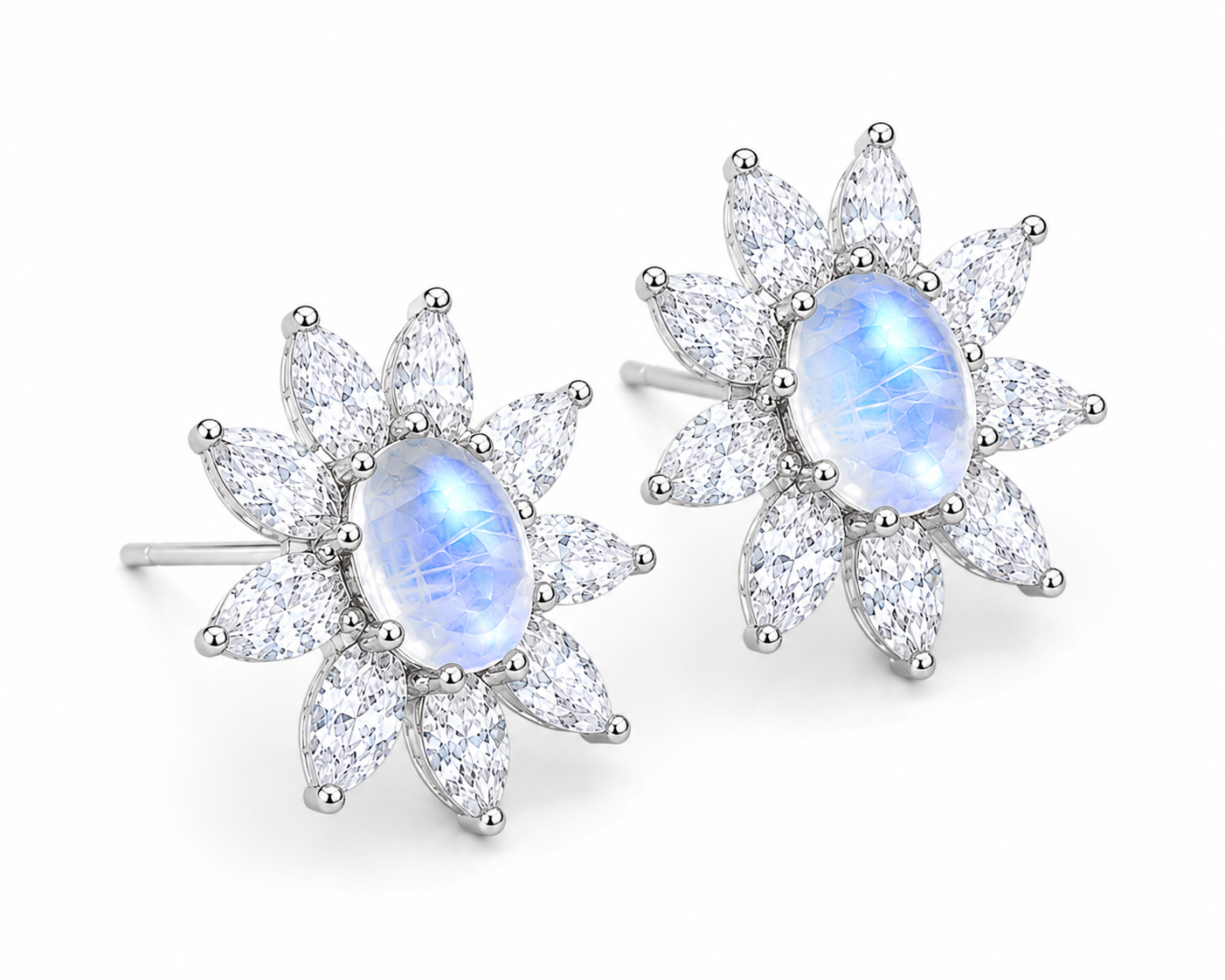 4x6mm Blue Moonstone sterling silver earrings angled view.