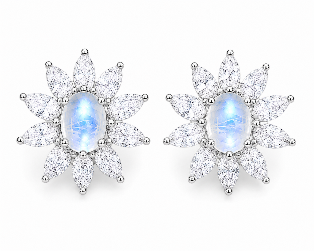 Top view of natural Blue Moonstone stud earrings.