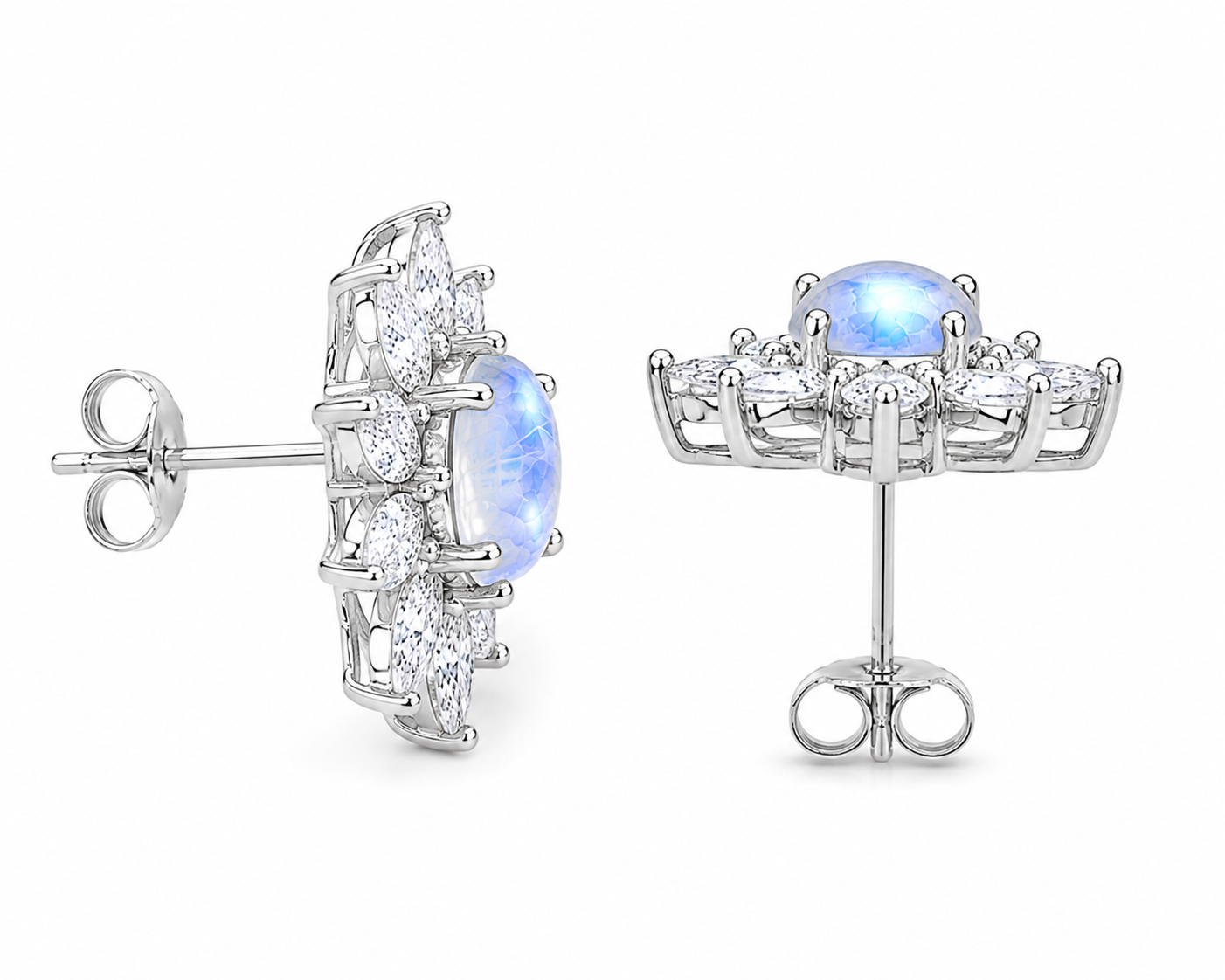 Side profile of Blue Moonstone earrings with sterling silver setting.