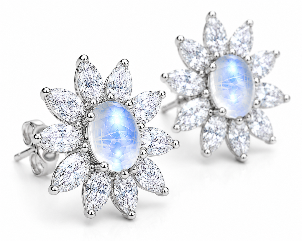 Macro close-up of genuine Blue Moonstone gemstones with natural blue flash.