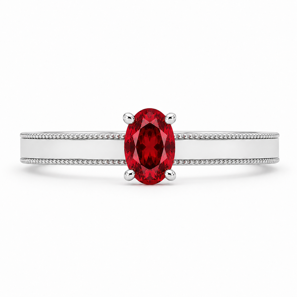 Natural 4×6mm oval red garnet ring crafted in platinum plated 925 sterling silver with vintage-inspired milgrain detailing and cubic zirconia accents on a white background.