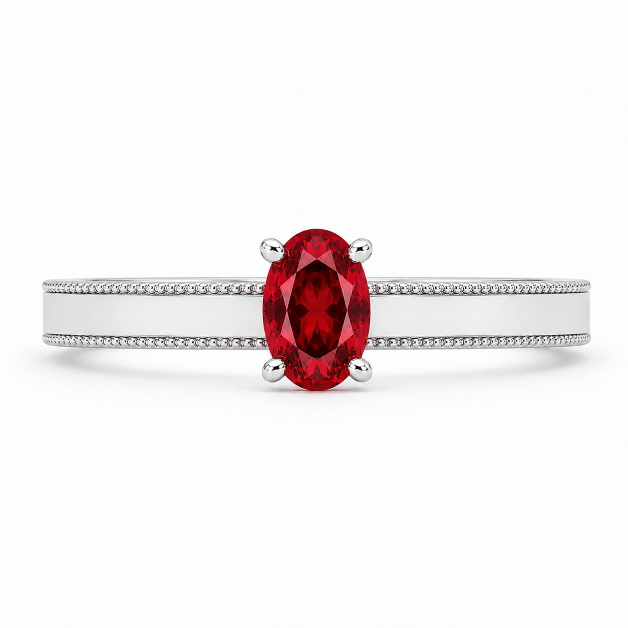 Natural 4×6mm oval red garnet ring crafted in platinum plated 925 sterling silver with vintage-inspired milgrain detailing and cubic zirconia accents on a white background.