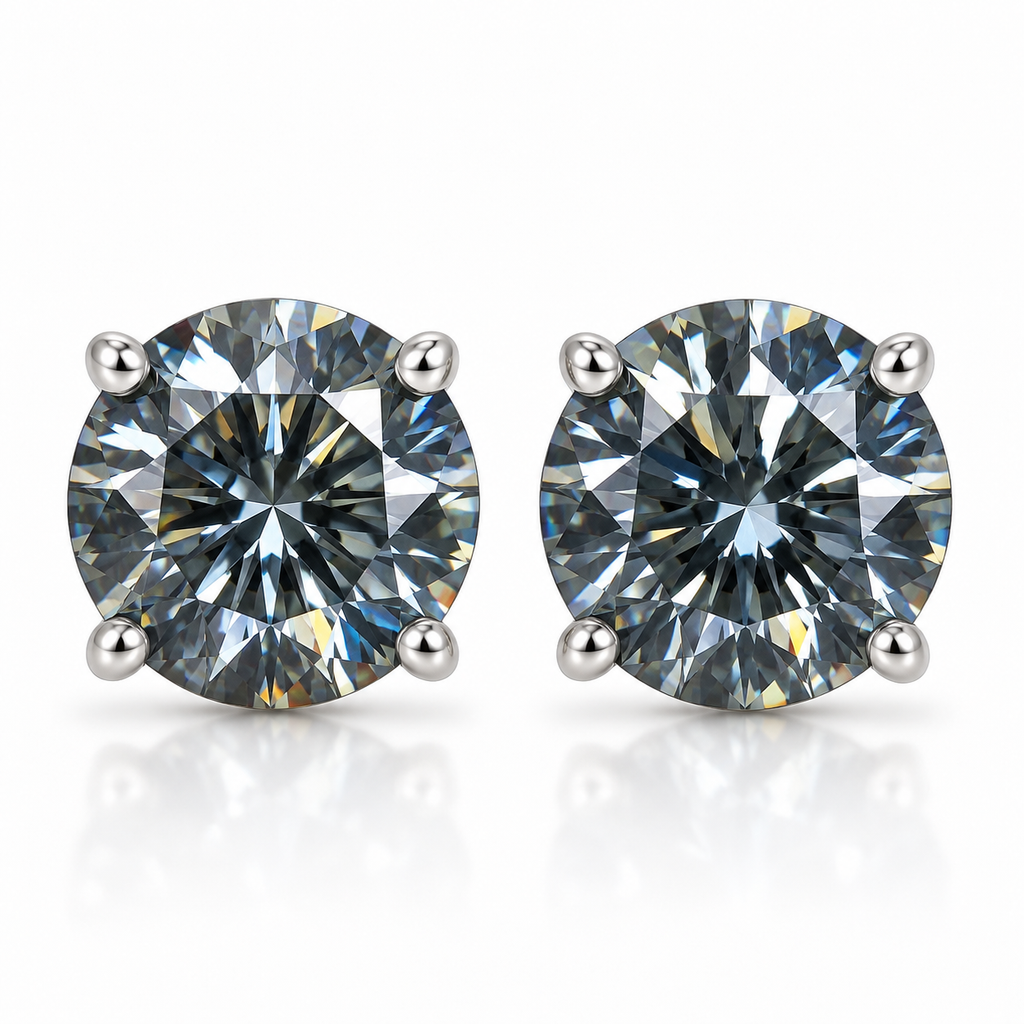 1 carat each gray moissanite stud earrings featuring 6.5mm VVS1 round brilliant cut lab-created moissanite in 925 Sterling Silver