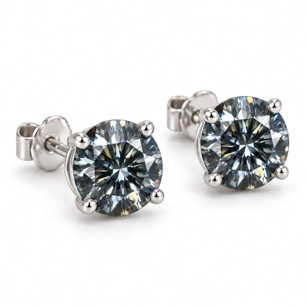 Angled view of 1 carat gray moissanite stud earrings with 6.5mm VVS1 round brilliant cut gemstones