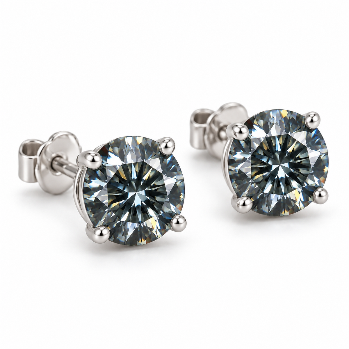 Angled view of 1 carat gray moissanite stud earrings with 6.5mm VVS1 round brilliant cut gemstones