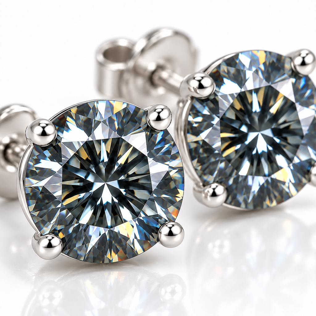Macro close-up of 6.5mm VVS1 gray moissanite showing the round brilliant cut faceting and polished earring setting