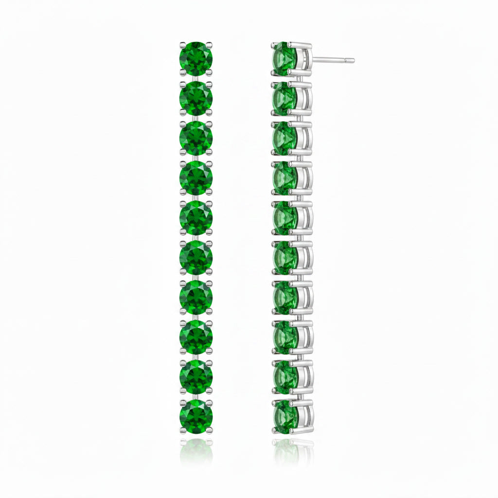 Close angled view of Phimsera 3mm round green chrome diopside dangle earrings featuring 10 gemstones on each earring