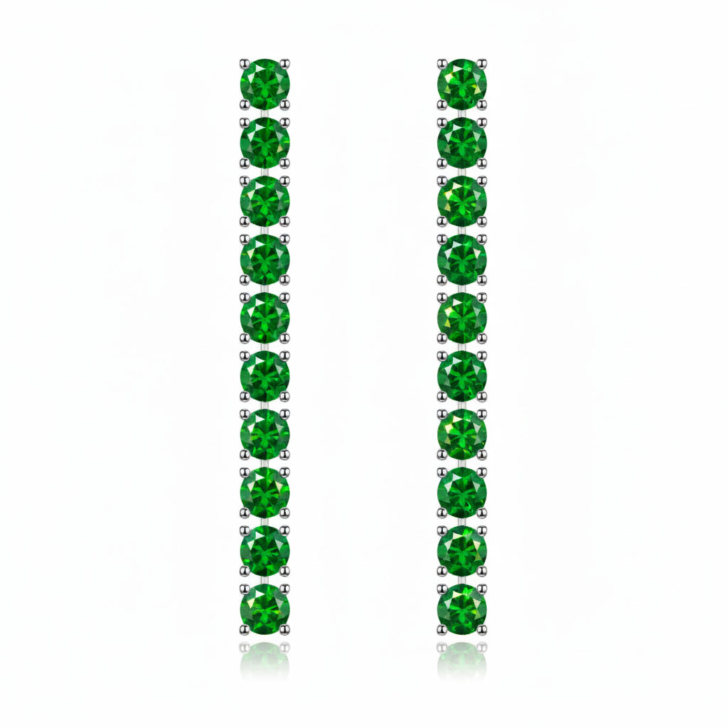 Front view of long 3mm round chrome diopside dangle earrings with 20 natural green gemstones per pair