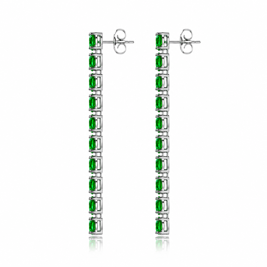 Side view of Phimsera natural chrome diopside dangle earrings showing the elongated vertical gemstone design and sterling silver settings