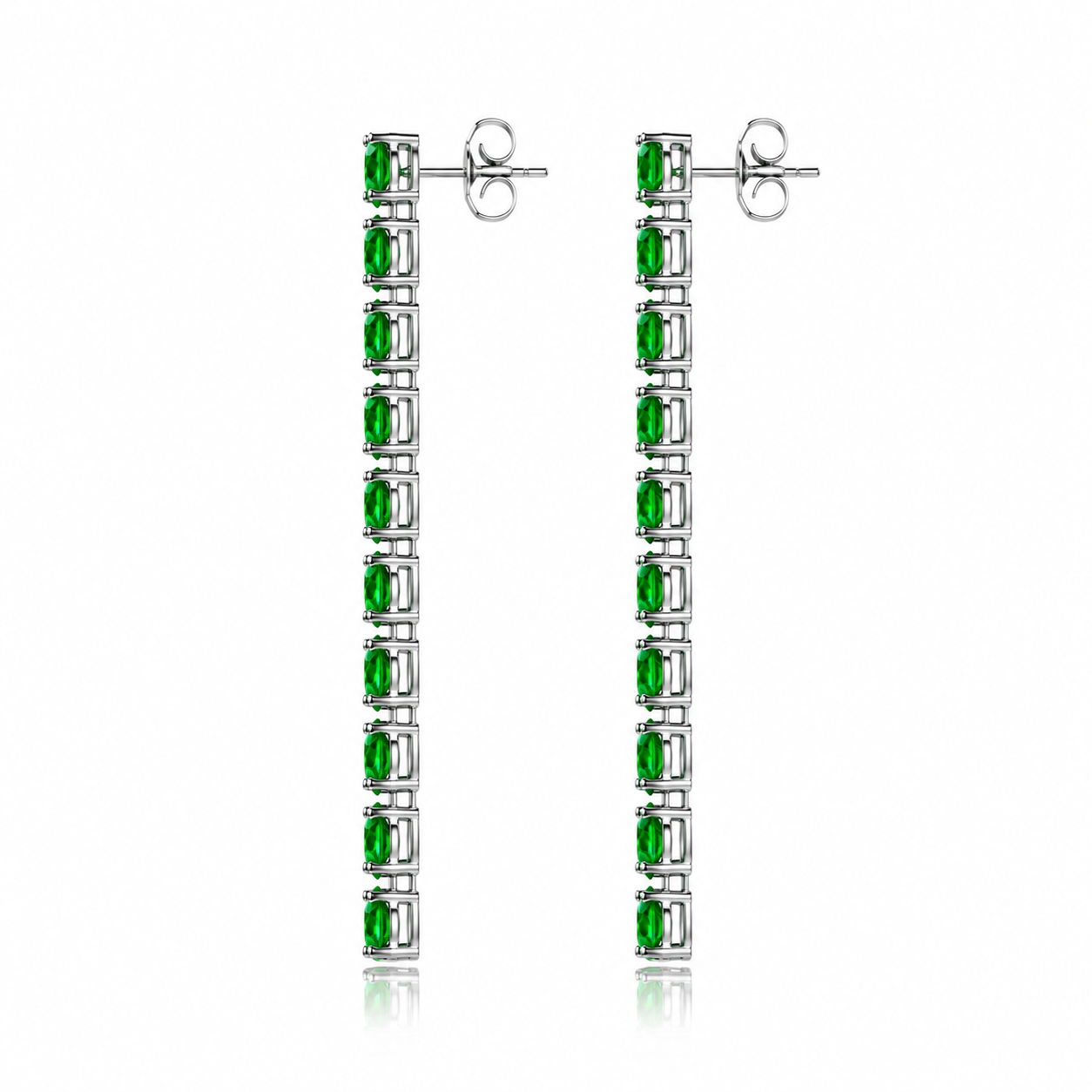 Side view of Phimsera natural chrome diopside dangle earrings showing the elongated vertical gemstone design and sterling silver settings